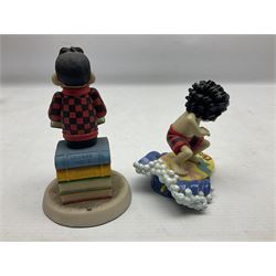 Eleven Robert Harrop figures from the Beano Dandy collection, comprising One Man & His Dawg BDS08, Picnic Desperate Dan BDS04, Fatty BD07, Desperate Dan BD03, Roger the Dodger BD20, Dennis the Menace BD01, Beryl the Peril BD05, Minnie the Minx BD04, Surfing BP03, two Spotty BD16, together with a Genuine Beano Ware lidded box (12)