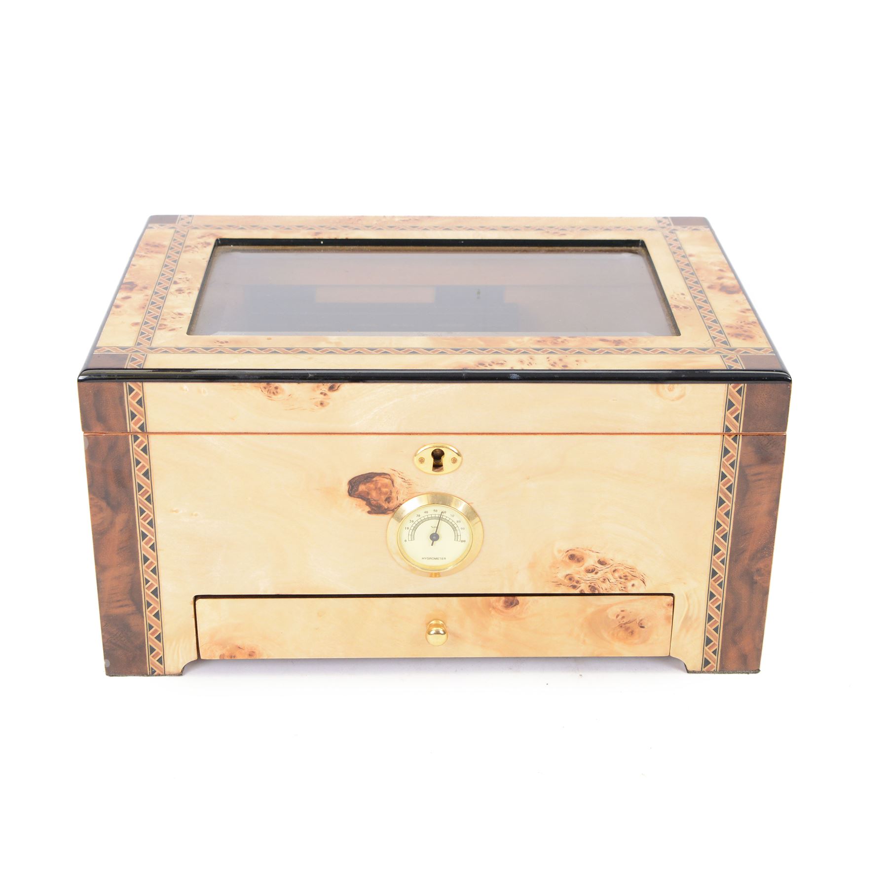 Cigar humidor, of high gloss birdseye maple veneer, the lid with central glass panel, brass handled draw to the front, fitted with a hygrometer, H18cm D24cm 
