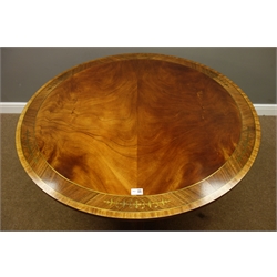  Regency style mahogany dining table, circular figured mahogany and brass inlaid top, turned pedestal with four splayed supports, D108cm, H75cm  