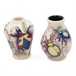 Seven Moorcroft miniature vases, various patterns including snowdrops, beetles, insects, cat fish etc, H6cm max (7)