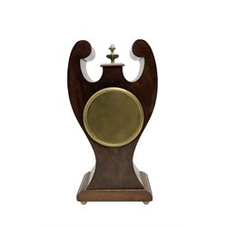 Edwardian - Art Nouveau 8-day mantle clock c1910, with waisted mahogany case, fine inlaid marquetry work and cast brass finial, white enamel dial with Roman numerals, minute track, spade hands and retailers name (Sorley, Glasgow) within a cast brass bezel and convex glass, French single train movement and platform escapement, wound and set from the rear.  