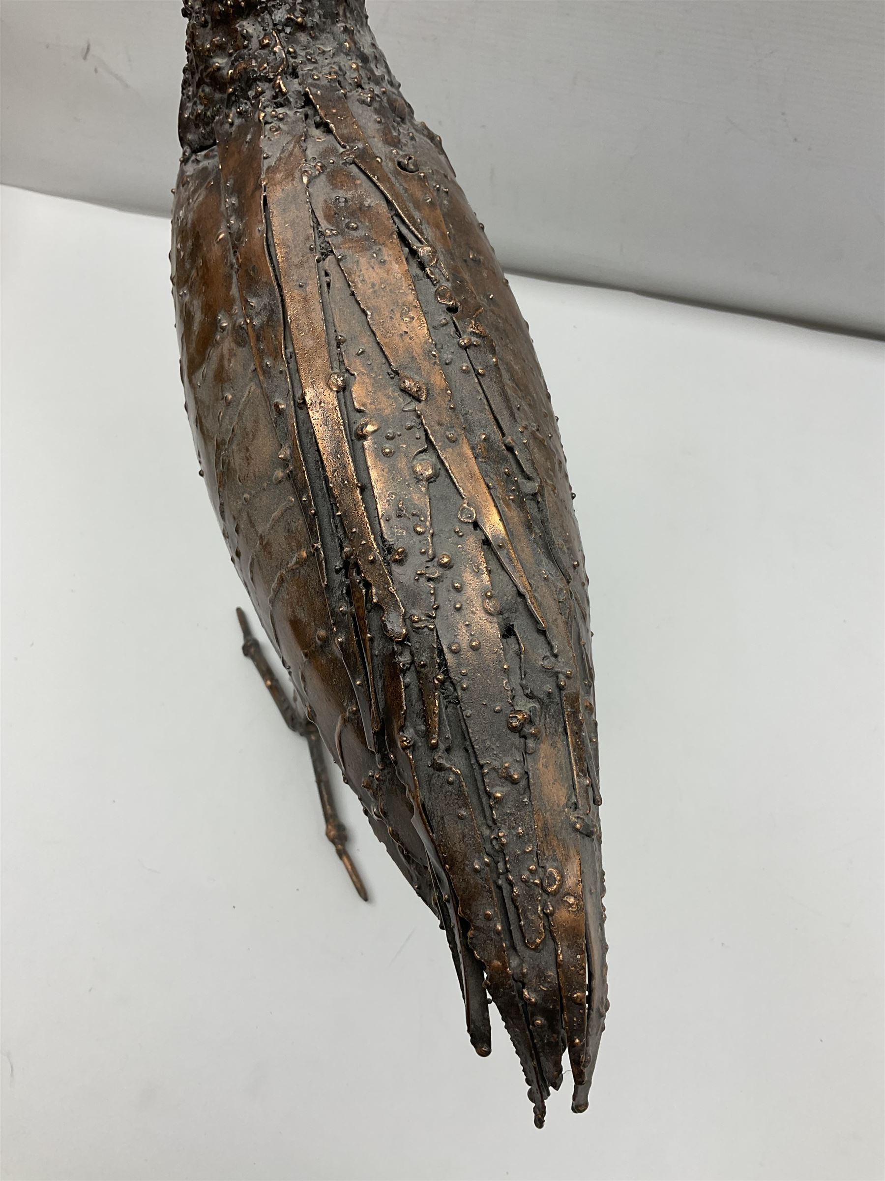 Three metalwork figures of bird, to include owl, a heron etc, largest H45cm