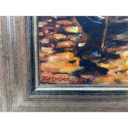 John Mackie (Scottish 1953-): 'Gondolas - Venice', oil on canvas signed and dated 2013, 28cm x 38cm 