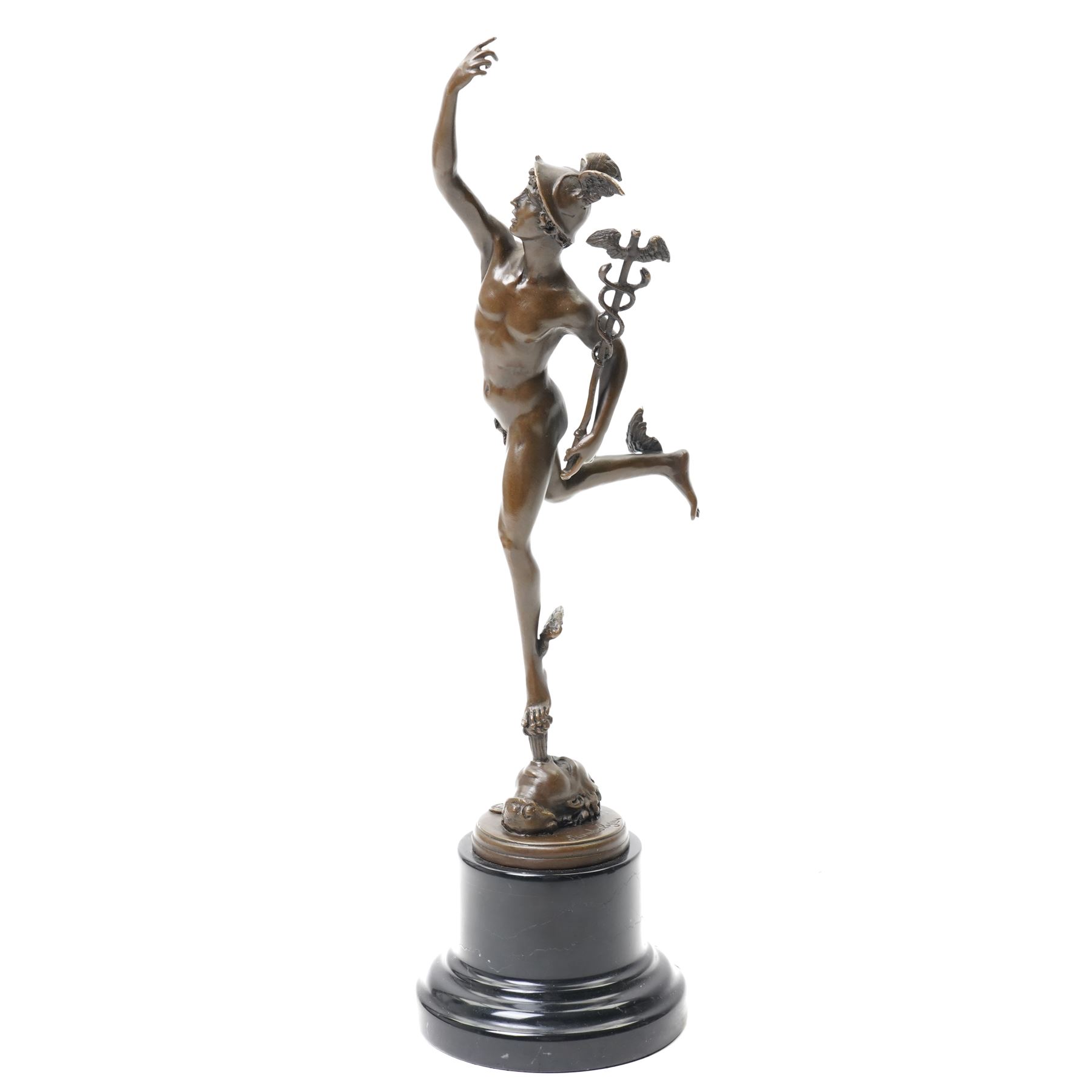 After Giambologna (Italian 1529-1608)- Bronze figure of Mercury holding the caduceus, with signature and foundry mark on marble base H43cm