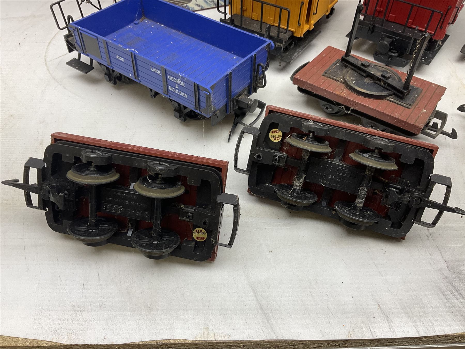 Three LGB (Lehmann Gross Bahn) G scale, gauge 1, rolling stock wagons, comprising two Lake George and Boulder wagons and an Auto Express wagon, together with a LGB passenger coach, other LGB rolling stock and a Lehmann Rigi900 ski lift