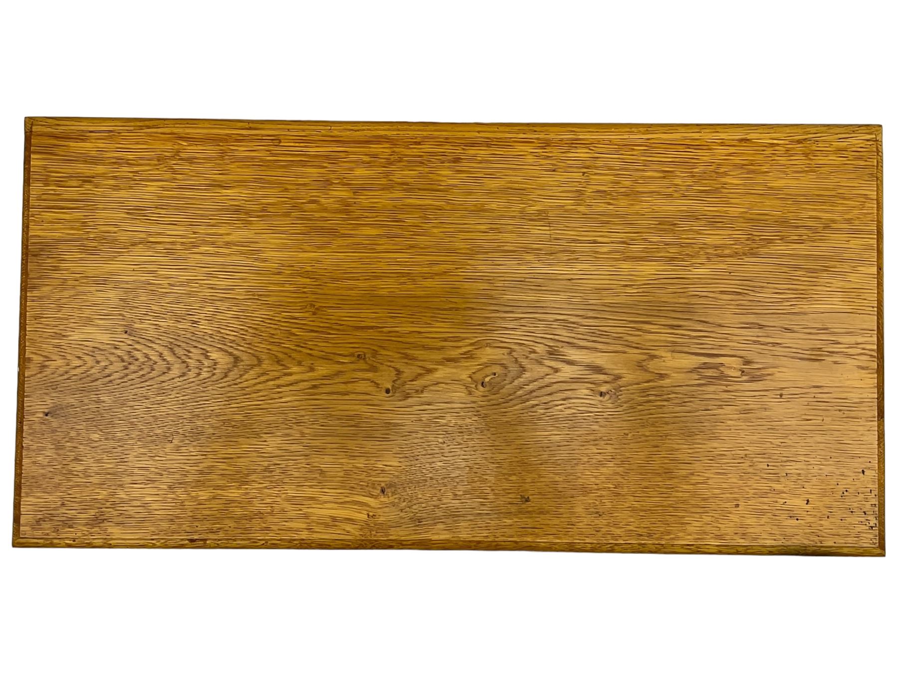 Craftsman made oak magazine table or HI-FI stand, moulded rectangular top over four shelves, flanked by two projecting holders