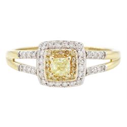 14ct gold diamond cluster ring, principal square cut fancy yellow diamond of approx 0.15 c...