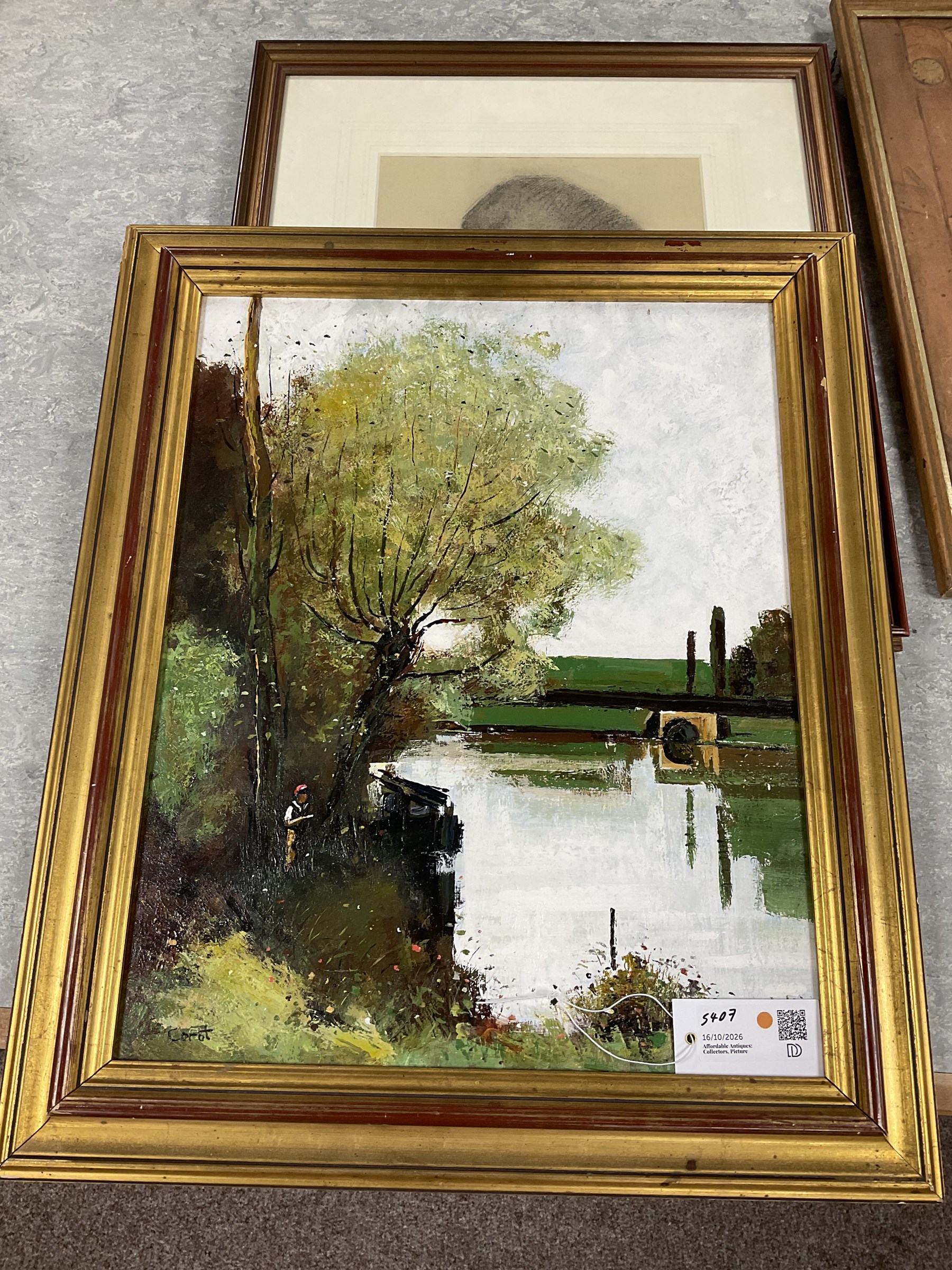 John Lamonby (Late 20th century) after Jean Baptiste Camille Corot (French 1796-1875): The Reader by the Wooded Bank, oil on canvas, signed titled and dated 1987 verso; Peter Davey (British 20th century): 'The Well of Église Saint André', watercolour signed, titled verso; English School (20th century): Girl Sewing, watercolour unsigned; English (20th century): Portrait of Boy in Profile, pencil drawing unsigned, max 51cm x 40cm (4)