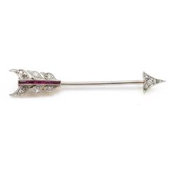 Early 20th century 18ct gold and platinum diamond and ruby arrow brooch
