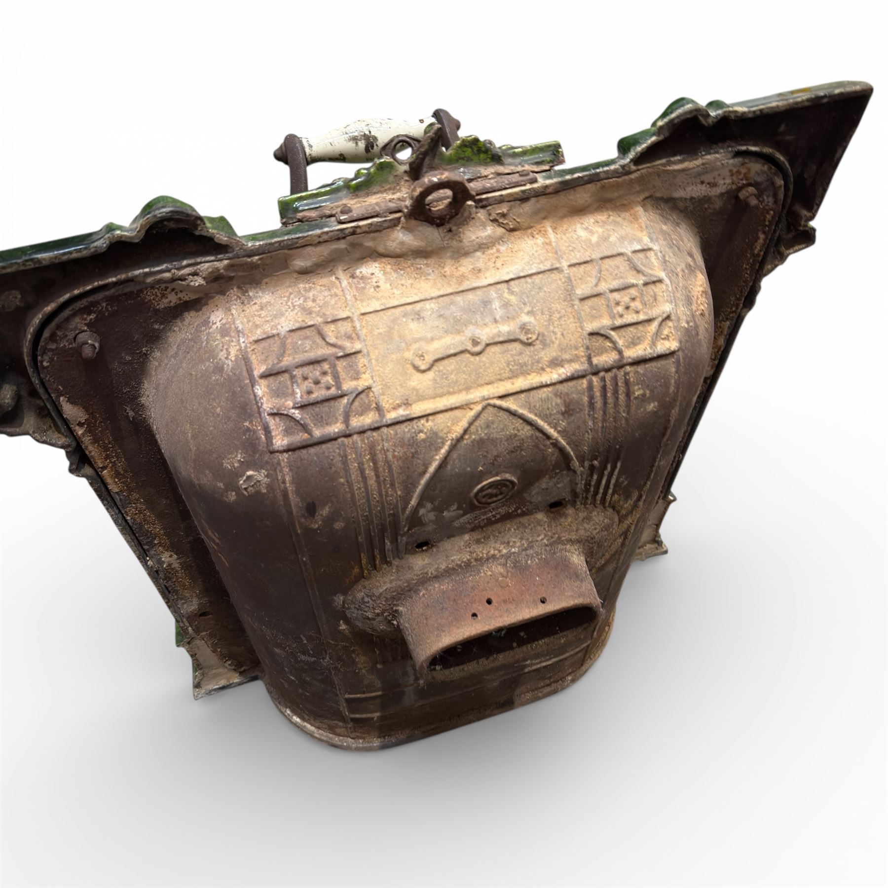 Art Nouveau French green enamelled cast iron stove by Deville & Cie