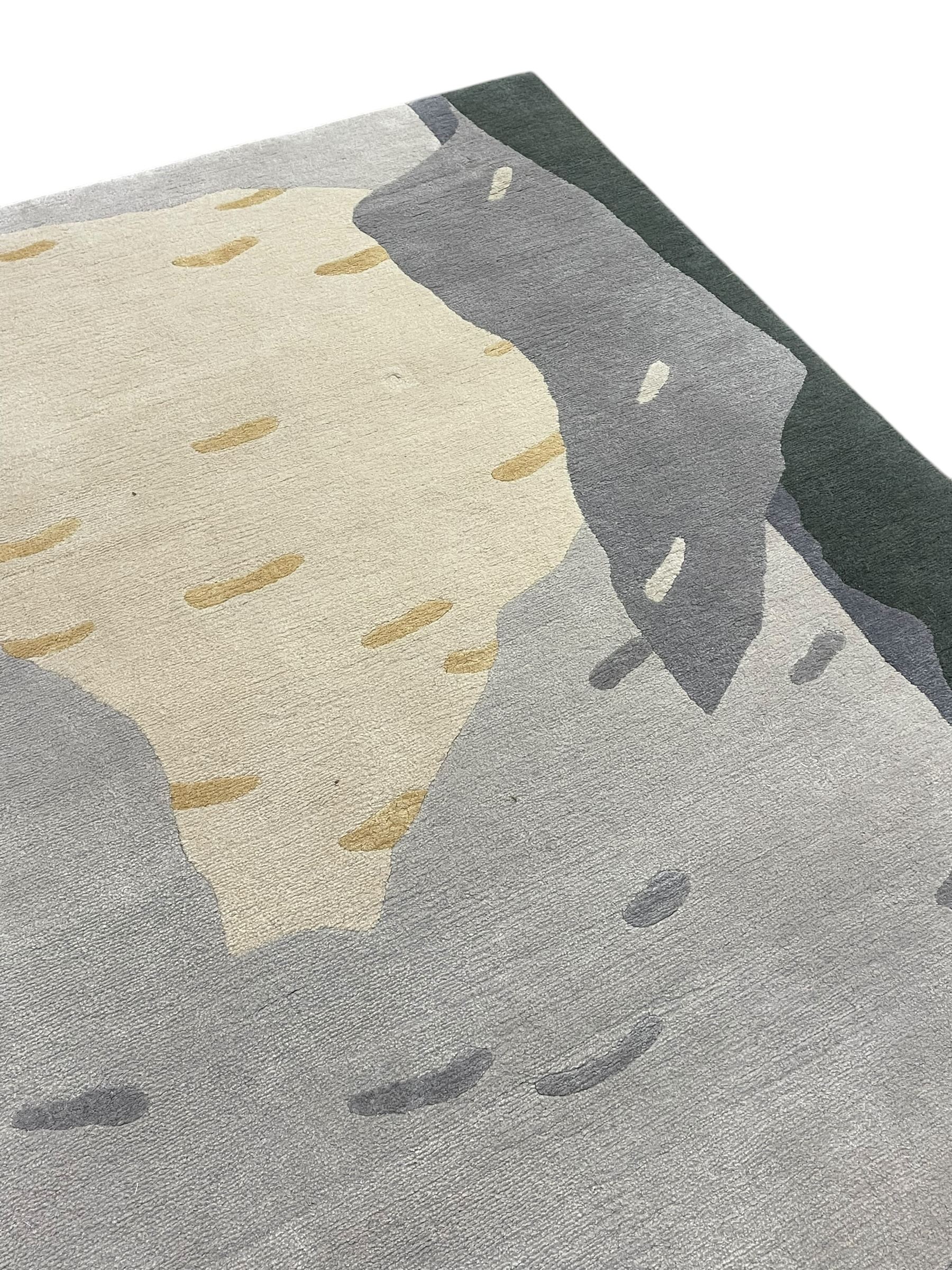 Deirdre Dyson London - 'Birch Tree' abstract rug, shades of grey and green depicting a birch trunk 