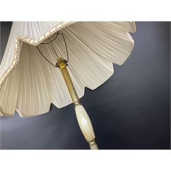 Floor lamp with brass and onyx central column, together with a table lamp, both with pleated pale blue fabric shades, largest H160cm approx incl shade