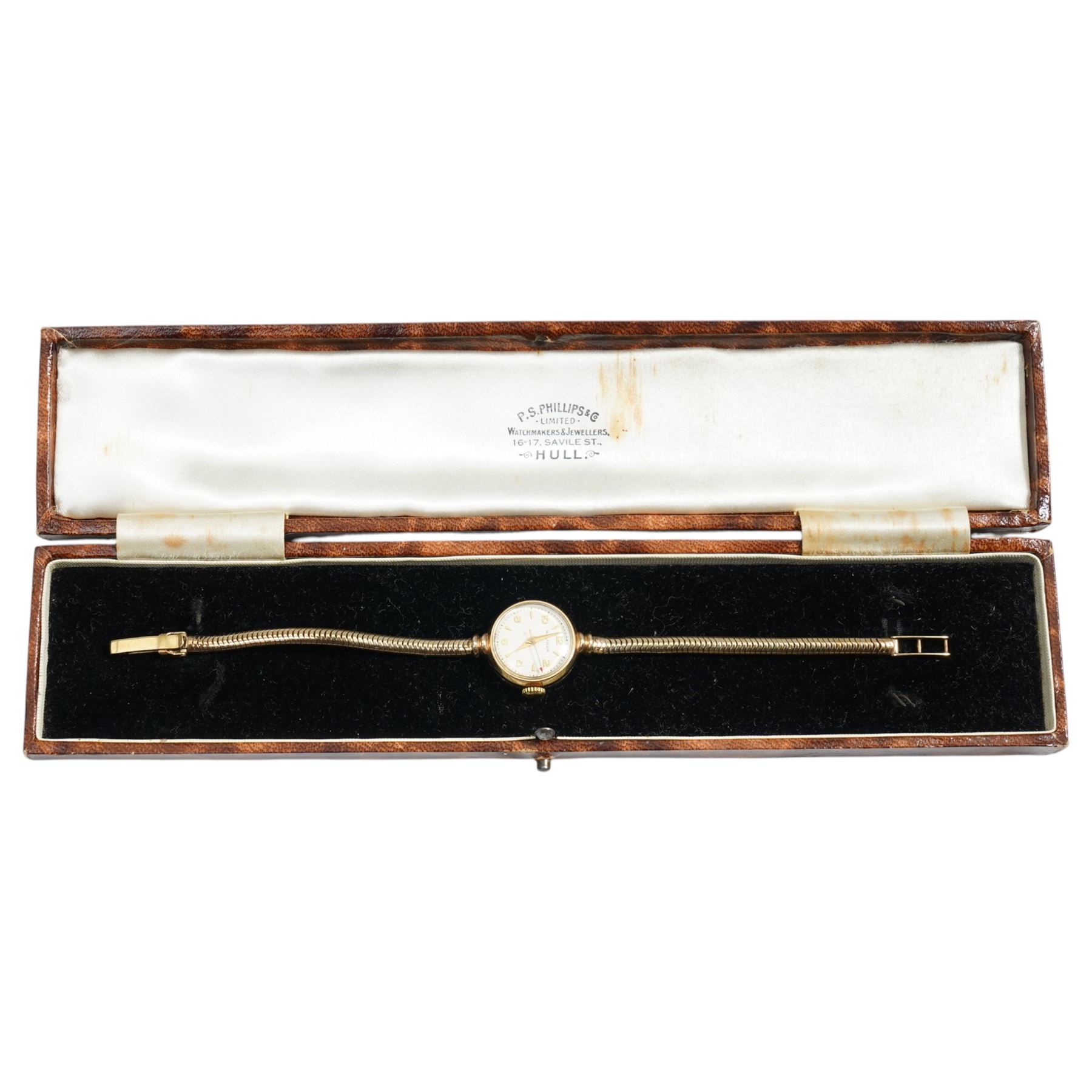 9ct gold ladies manual wind Waltham wristwatch, on 9ct gold articulated strap, with P.S Phillips & Co jewellery box 