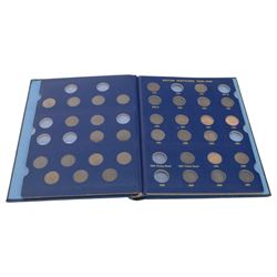 Thirty-four Queen Victoria farthing coins, dated 1860 beaded boarder, 1860 toothed border, 1861, 1862, 1864, 1865/2, 1866, 1867, 1872, 1873, 1874H, 1875, 1875H, 1876H, 1878, 1879, 1881, 1882H, 1883, 1884, 1885, 1886, 1887, 1888, 1890, 1891, 1892, 1893, 1895 Veiled Head, 1896, 1897, 1899, 1900 and 1901, housed in a blue 'British Farthings 1960-1901' Whitman folder