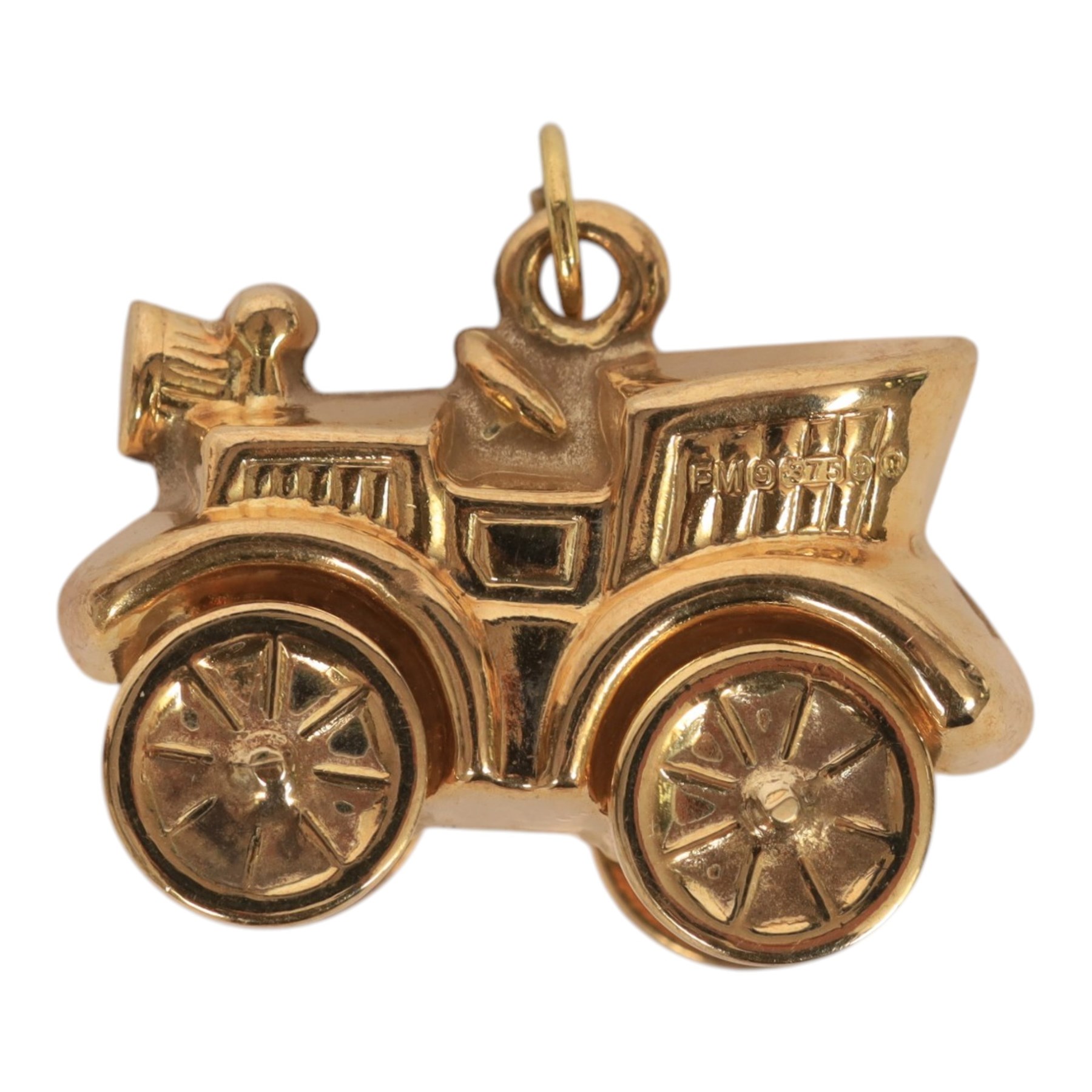 Four 9ct gold charms including penny-farthing, car, lamp and well, all hallmarked