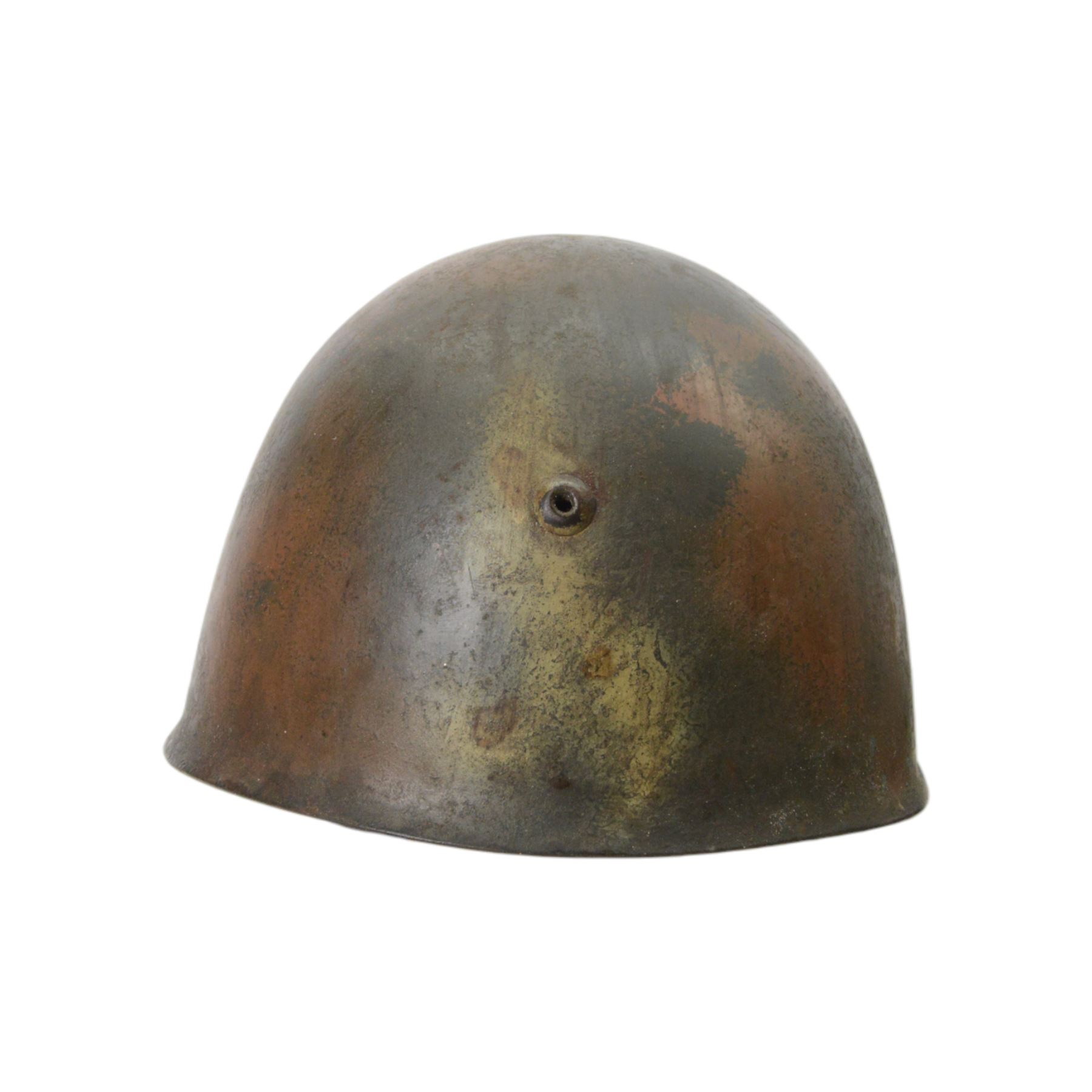 Italian RSI/10th M.A.S. Flotilla (Decima Flottiglia MAS). M33 Camouflage helmet- re-issued to the G.N.R. Circa.1944/45
extremely rare Italian M33 steel helmet in camouflage paintwork which belongd to the famous 'Decima Flottiglia MAS' the Italian Elite Naval Commandos. The helmet retains the Italian tri-colour to oneside, the yellow anchor to the front and the red X to the other side. the helmet is complete with its correct liner and chinstrap. When it was re-isseued it was painted in camouflage with the new insignia to the front of the G.N.R. 'Guardia Nazionale Republican' and this camouflage was only used to the latter part of WWII by R.S.I (Repubblica Sociale Italiana)   