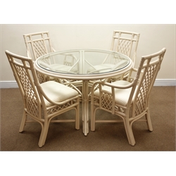  Champagne finish painted circular glass top conservatory table (D117cm, H73cm) and four (2+2) matching chairs (W54cm)  