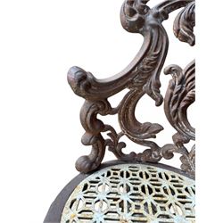 19th century Rococo Revival cast iron garden chair, pierced back comprised of scrolling acanthus leaves, over a pierced geometric white painted drop-in seat, raised on four acanthus and anthemion shaped cabriole supports united by X-frame stretcher