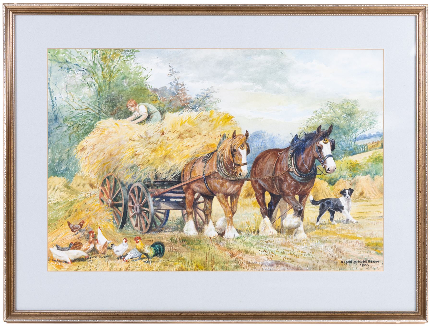 Dorothy Margaret Alderson (British 1900-1992) and Elizabeth Mary Alderson (British 1900-1988): Pulling the Hay Cart, watercolour signed and dated 1977, 36cm x 54cm
