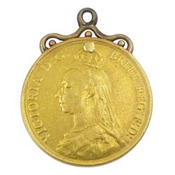 Queen Victoria 1887 gold double sovereign coin, previously holed and filled, with soldered mount
