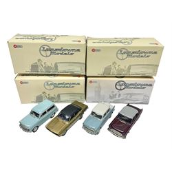 Four Lansdowne Models 1:43 scale models - 1956 Hillman minx Series 1 (Pearl grey over Fiesta blue); 1957 Hillman Husky Series 1 (Seacrest green/foam grey); 1960 Ford Consul MkII (Imperial maroon/smoke grey); and 1972 Vauxhall Ventora 3300 MkII; all boxed (4)