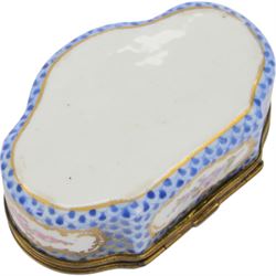 Two 19th century porcelain trinket boxes, comprising blue and white Delft example with courting scene to cover and a Meissen style example, hand painted with floral sprays on a blue scale ground, tallest H4.5cm 