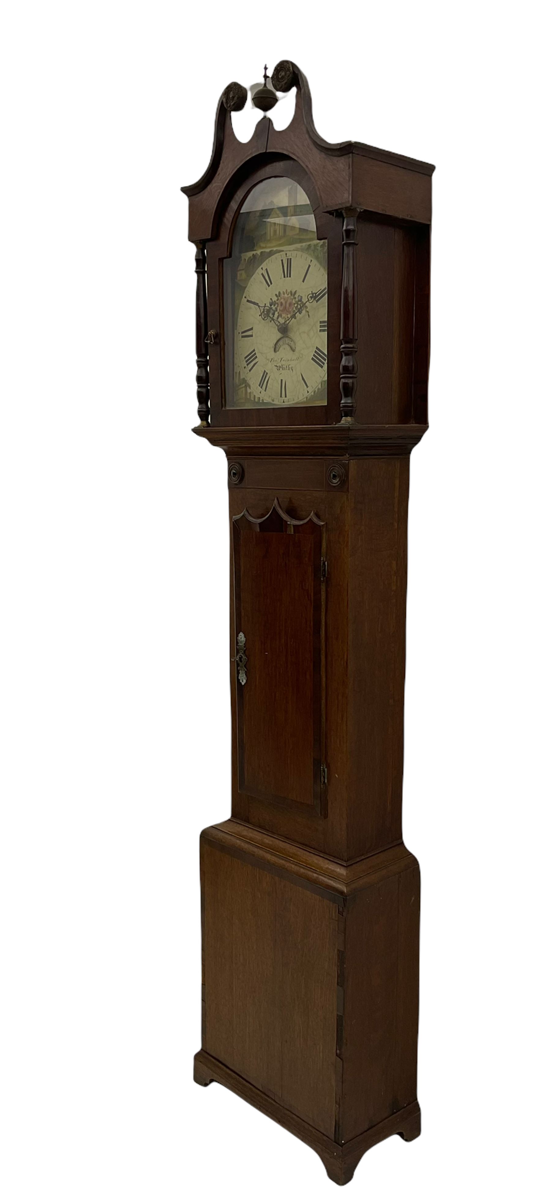A 19th century Oak and Mahogany 30hr longcase clock retailed by “Turnbull of Whitby” with a tall swans neck pediment, brass ball and spire finial and two stamped brass paterae, glazed break-arch door flanked by two turned pillars, full-length wavy -topped trunk door on a rectangular base with applied shaped skirting, chain driven outside countwheel movement striking the hours on a cast bell, with a painted dial pinned directly to the movement, the arch depicting a country church, with a conforming ruin, country house and cottages to the spandrels, dial drawn with Roman numerals and minute markers with matching stamped brass hands, semi-circular date aperture and date ring behind. With weight and pendulum. 
The Turnbull family of Whitby clockmakers are recorded as working from Bridge Street, Whitby,  from 1784 to 1870.





