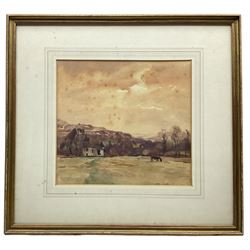 Fred Lawson (British 1888-1968): Horses Grazing by a Farmhouse, watercolour signed 24cm x 26cm