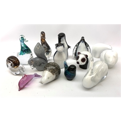  A collection of fourteen glass Wedgwood paperweights, to include two ducks, bird, penguin, elephant, rabbit, panda, polar bear, otter, squirrel, cat, hedgehog, dolphin and snail, all but dolphin and snail with Wedgwood mark beneath.   