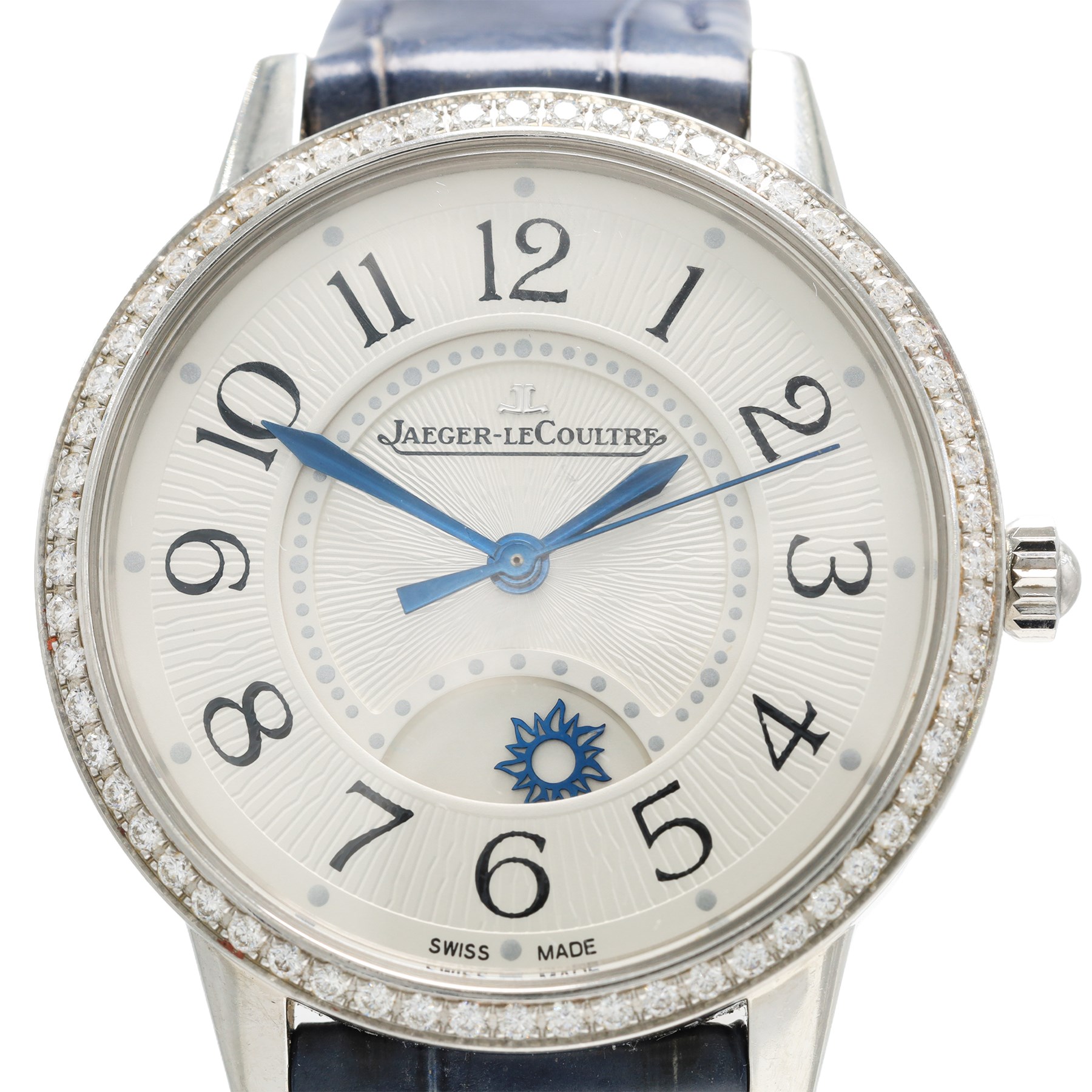 Jaeger-LeCoultre Rendez-Vous Night & Day ladies stainless steel diamond automatic wristwatch, Ref. 344.8.37.S, silvered dial with Arabic hour markers, on blue leather strap with fold-over clasp, boxed with original receipt dated 2019