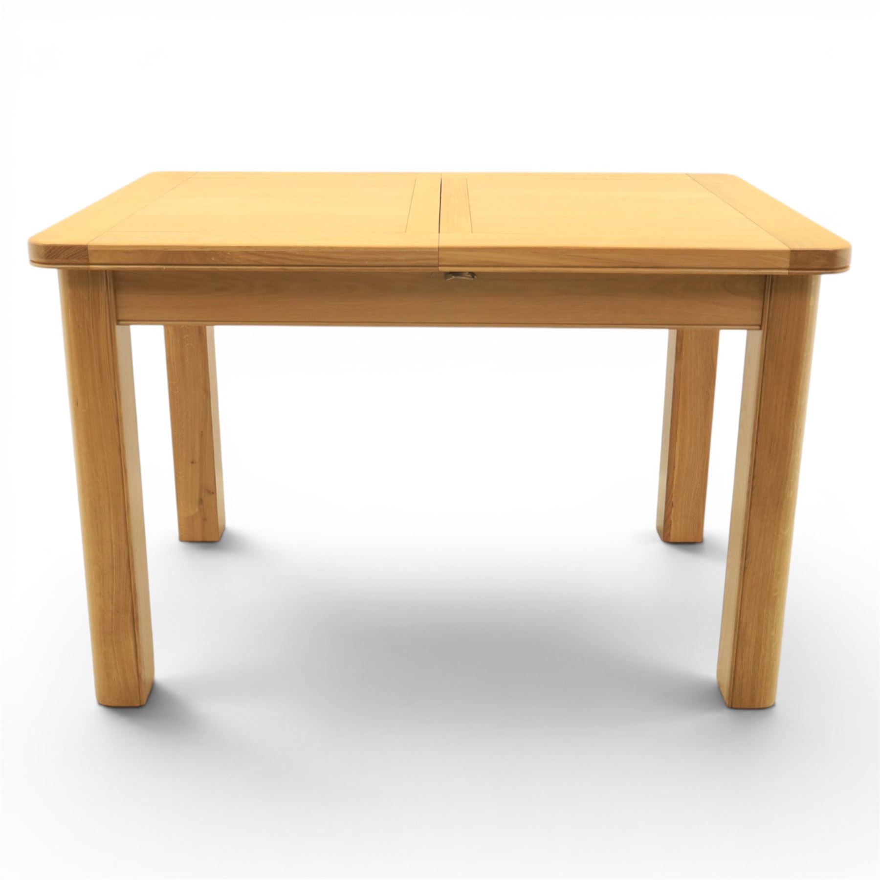 Modern oak extendable table and four chairs, extending top with stowable leaf (Extends to 152cm), chairs with brown upholstery and tapered square legs