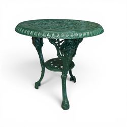 Painted cast iron garden table, the circular pierced top with foliate decoration and egg-a...