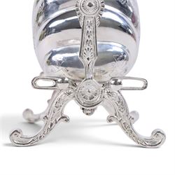Silver-plated Victorian style biscuit box, in a shell form with engraved leaf detailing, upon scroll feet, H24cm