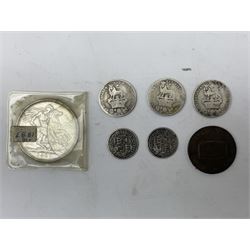 Mostly Great British coins, including George IV 1825 and 1826 shillings, Queen Victoria 1887 crown, King George V 1914 and 1936 halfcrowns, other pre 1947 Great British silver coins, various pre-decimal coins, four Bank of England Somerset one pound notes, Shrewsbury 1793 halfpenny token, Irish and Bailiwick of Jersey coins etc