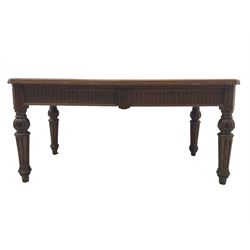 Late 19th century oak library table, moulded rectangular top with canted corners, fitted with two frieze drawers with fluted facias, on lobe carved and fluted turned supports 