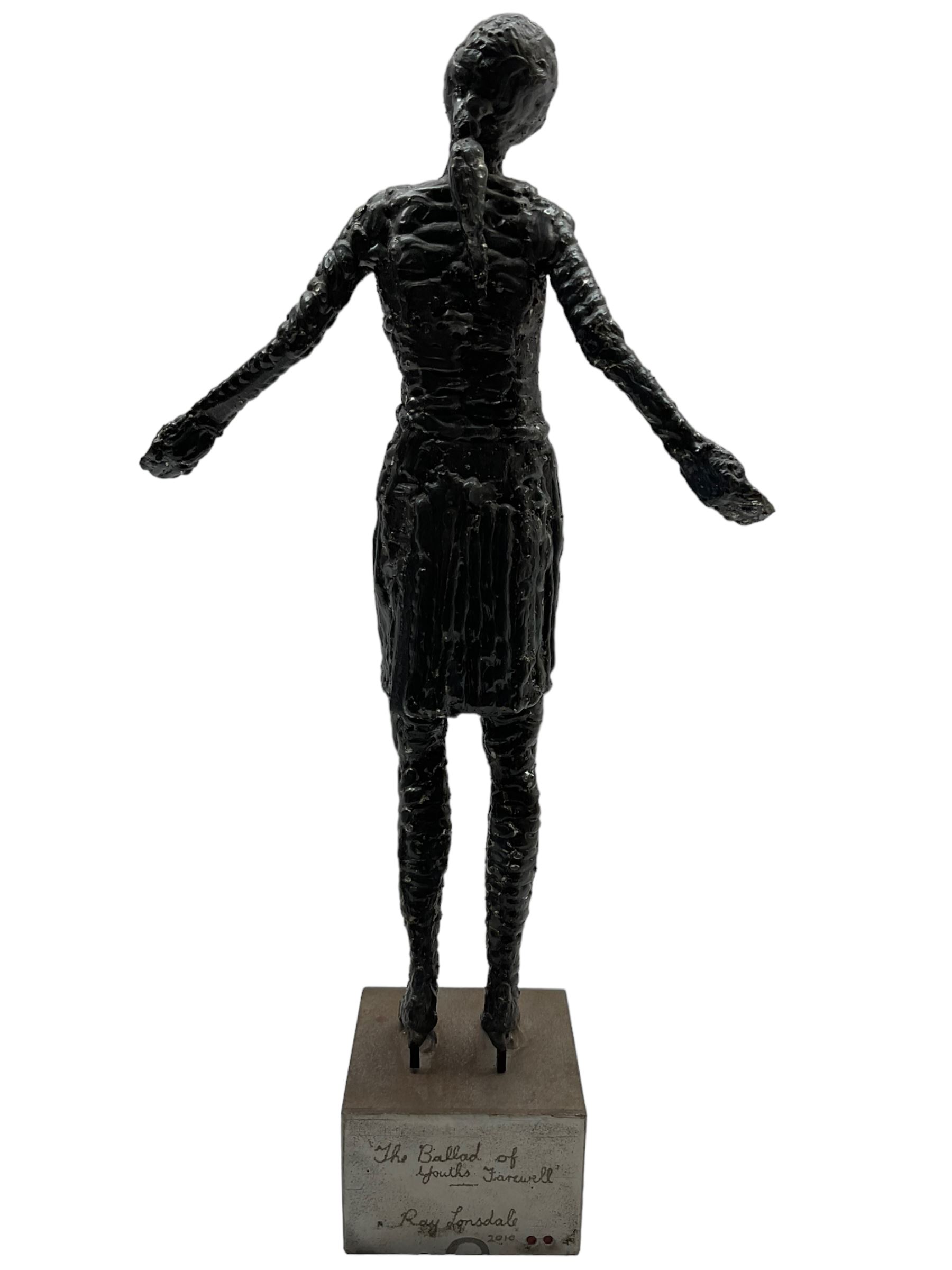 Ray Lonsdale (Northern British 1965-): 'The Ballad of Youths Farewell', steel statuette signed titled and dated 2010 to the base, H37cm including base 
Notes: originally a steel fabricator from Durham, sculpture had always been Ray’s passion, and after winning The People’s Award within the Hanging Jury Competition in Newcastle 2003, he now works as an artist full-time. He is best known for his large-scale public sculptures, such as 'Freddie Gilroy and the Belsen Stragglers' on Scarborough North Bay, 'The Tunney' on Scarborough Pier, 'The Smugglers Apprentice' on Merchants Row, and 'A High Tide in Short Wellies' on the Coble Landing Filey.