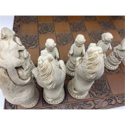 Chess set and resin chess pieces moulded as various animals, the pawns as monkeys, Kings as lions etc, board L46cm, W46cm, king H19cm