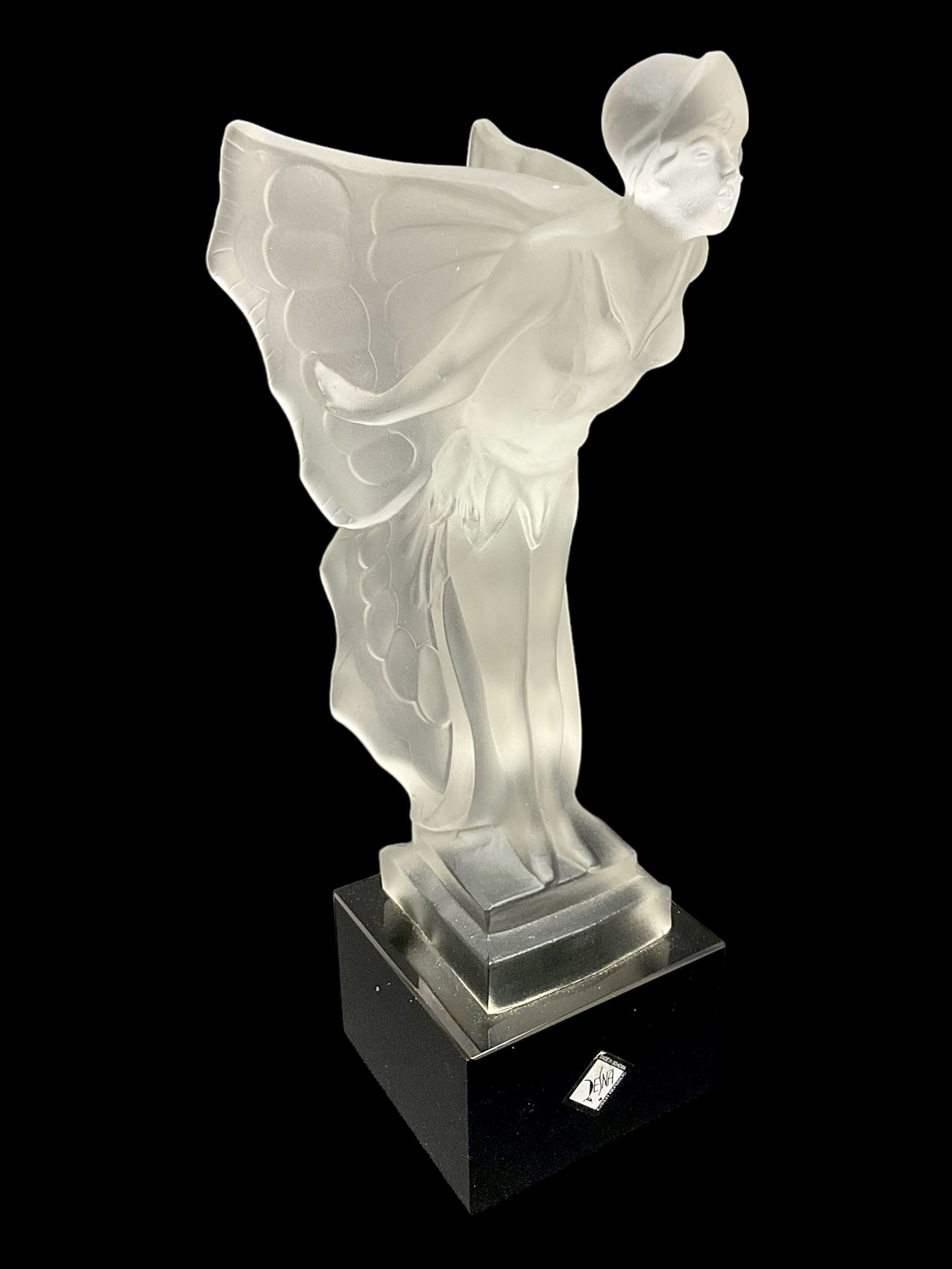 Desna night butterfly frosted glass figure, on polished black square base, H25cm