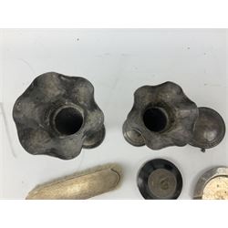 Two early 20th century silver trumpet vases to include a Martin Hall & Co Ltd example, silver circular box raised on three feet stamped Birmingham 1912, ashtray hallmarked London 1945, silver backed hair brush with engine turned decoration etc, tallest H19.5cm
