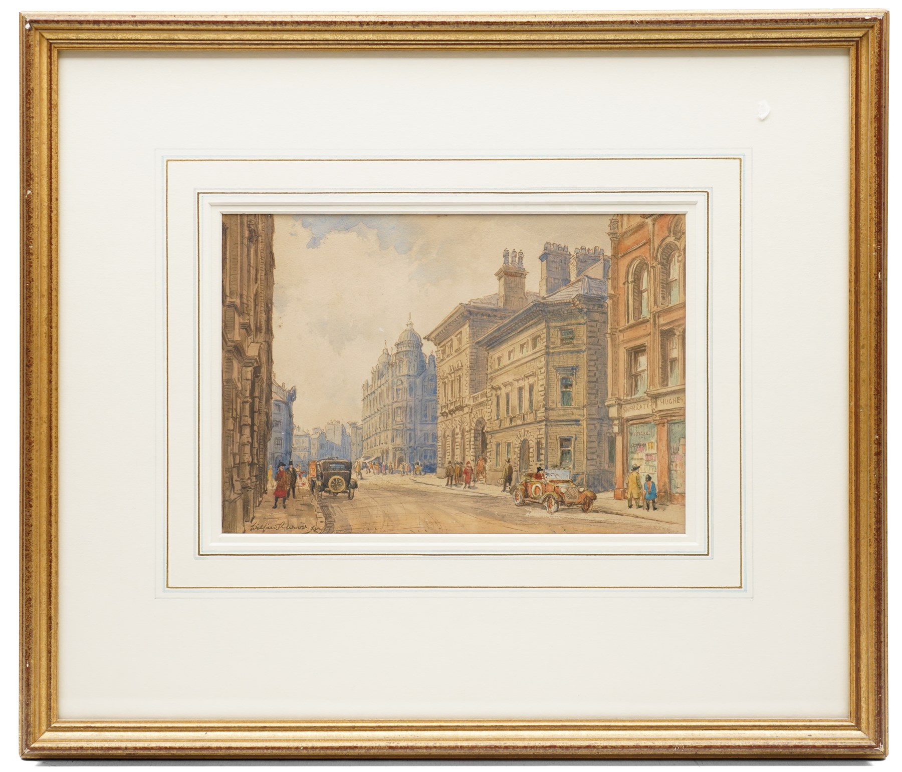 Wilfried René Wood (British 1888-1976): Manchester Street Scene, watercolour signed 18.5cm x 27cm