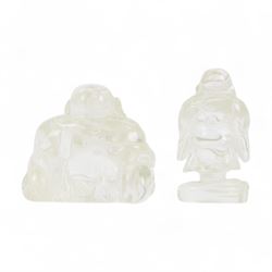 Two clear quartz figures of Buddha, together with five resin figures, including pair of zodiac balls, ram and Buddha, tallest H13cm