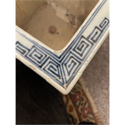 19th century Chinese blue and white planter and stand, each of square slightly tapering and flared form, the planter decorated with figures and precious objects between stylised foliate borders, the stand decorated with landscapes beneath a lipped rim with cell band, planter H28cm D25.5cm, stand H7cm D26cm