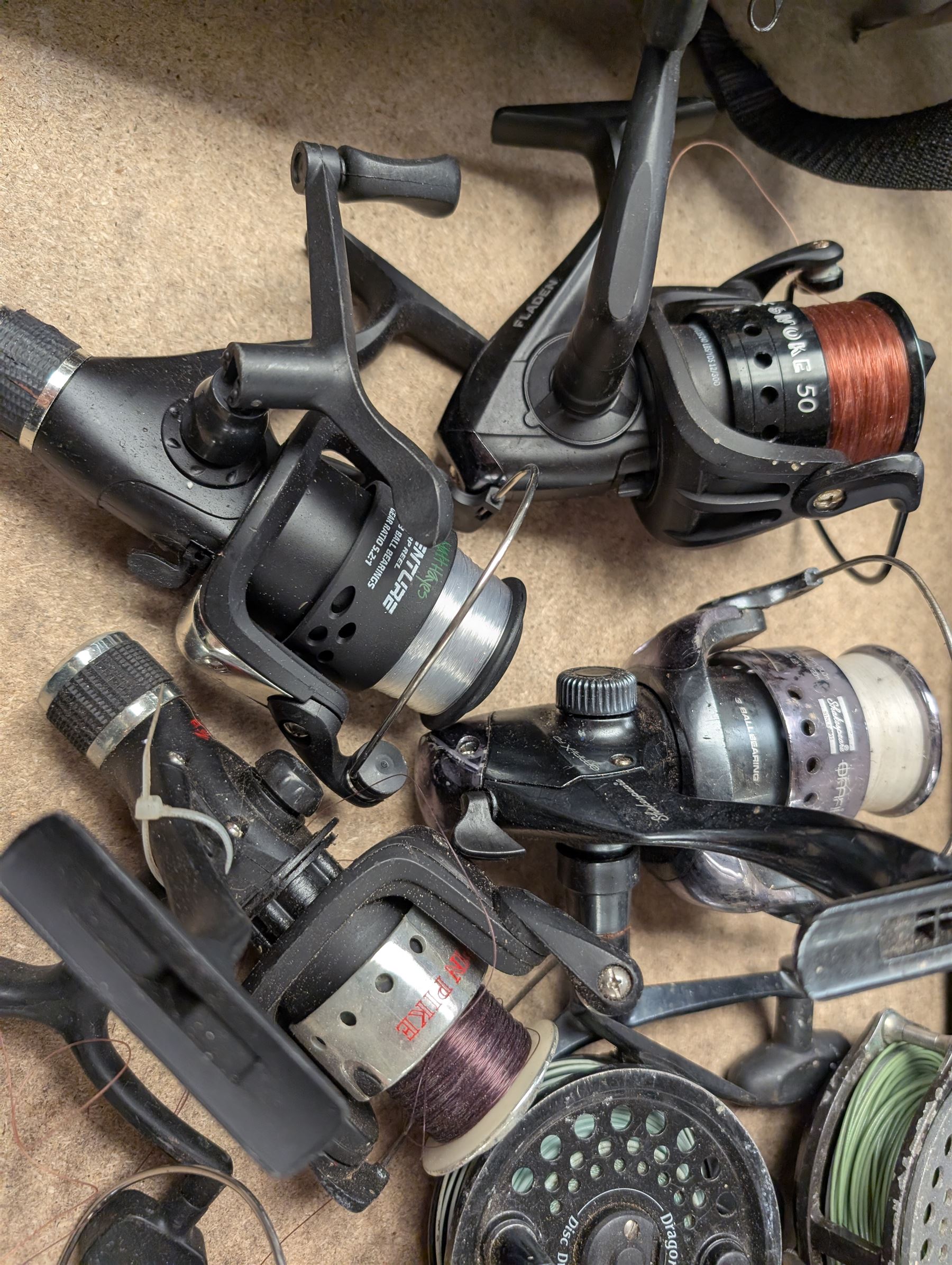Fishing rods including Carson Elegance XI telescopic rod and a Maver Reality 10ft Match rod and reels including Selection Spin Pike, Matt Hayes Adventure Carp Reel and Shakespeare Omnix FD