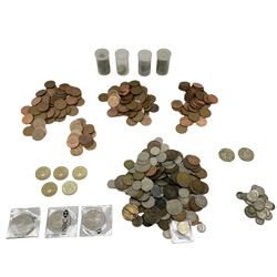 Queen Victoria 1875 and 1880 half crown coin, small number of pre 1947 Great British silver coins, three Queen Elizabeth II five pound coins, five two pounds, pre-decimal coins including pennies, brass threepence pieces etc