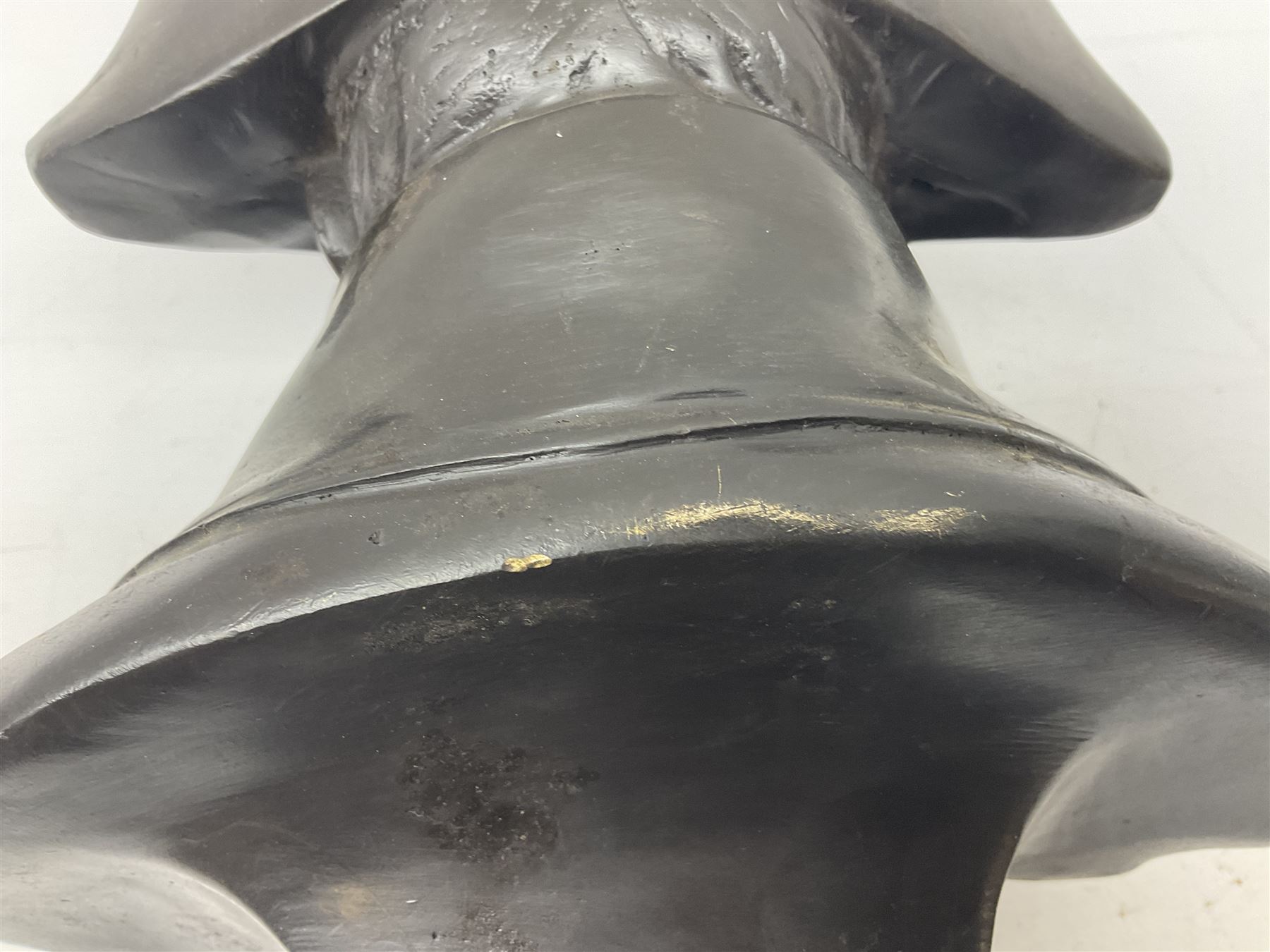 Bronze bust modelled as Napoleon, head and shoulders, wearing his hat and with open collar, on a tapering square section base, marked to the reverse 'Lecomte '82', H36cm