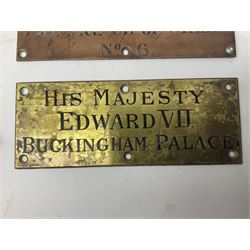 Two brass door plates, stamped 'The Queen' A.S.' and 'His Majesty Edward VII Buckingham Palace', together with a copper example detailed 'His Royal Highness The Prince of Wales No. 6.', and a pair of stamps detailed 'Queen' and 'Victoria', with paper envelope inscribed 'Messrs Higgs & Hill Ltd., General Contractors, Marlborough House, St. James's, London, S.W.1.'

Provenance by vendor repute: Sourced from Marlborough House during refitting by the current vendors father who worked for Higgs & Hill as contract manager between 1965 and 1966.
