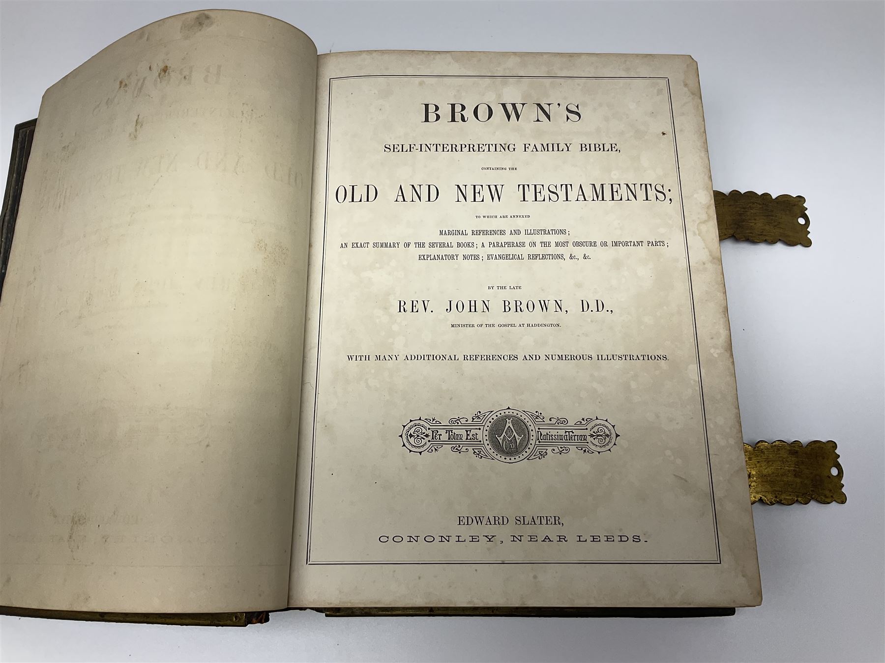 Large leather bound illustrated Holy Bible 'Brown's Self-Interpreting Family Bible, containing the old & new testaments' by the late Rev. John Brown