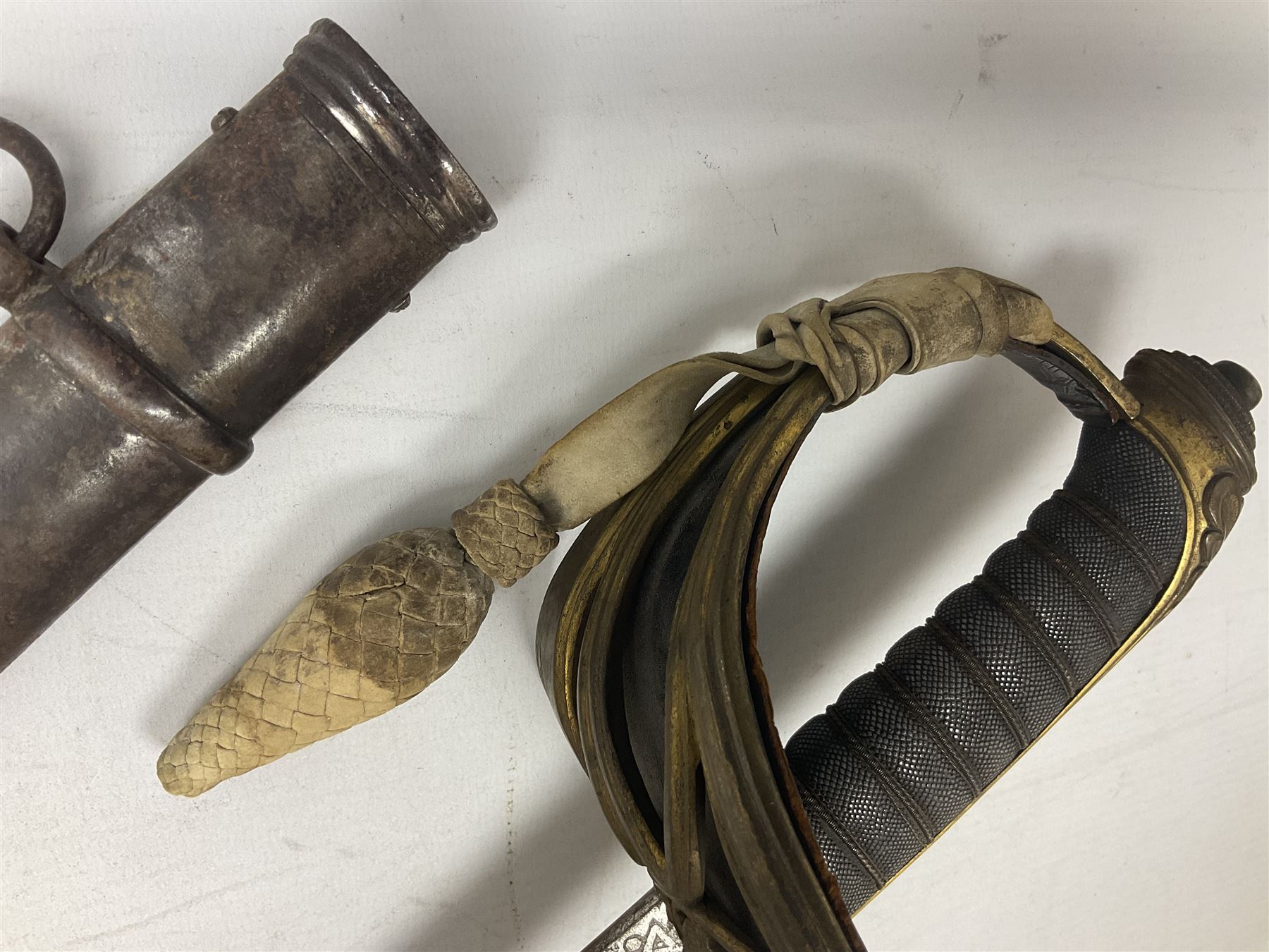 Victorian British Army officer's sword by Hobson & Sons Little Windmill Street London, the 82cm fullered steel blade etched with crowned Victoria cypher and 'HM 1st West York R.V.', lined gilded brass three-bar hilt incorporating Victoria cypher and wire-bound fish skin grip with plaited knot; in steel scabbard with two hanging rings L99cm overall