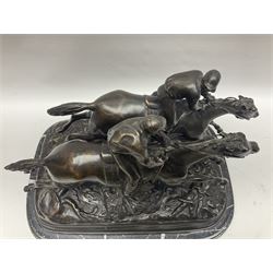 After E Loiscay, bronzed figure group, modelled as two race horses, signed E Loiscay, upon a stepped marble plinth, overall H28cm