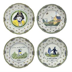 Four French Faience plates, comprising Je suis las de le porter, Le malheur nous reunit, Je desire y arriver and Eveque de Meaux, D24cm  